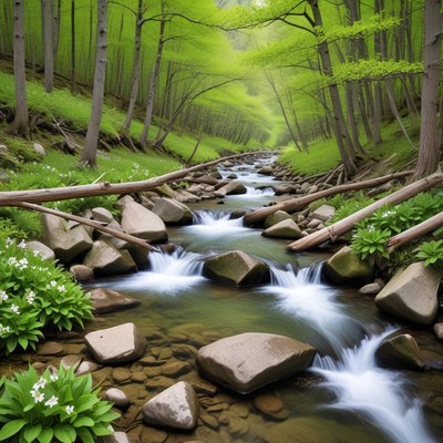 Tranquil forest stream in spring