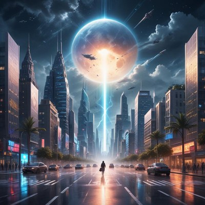 Cityscape under glowing moonlight