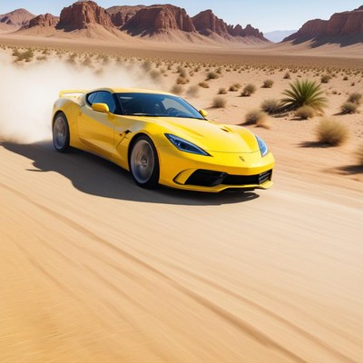 Bright yellow sports car speeding through desert
