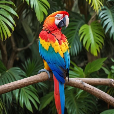 Colorful parrot perched in tropical setting