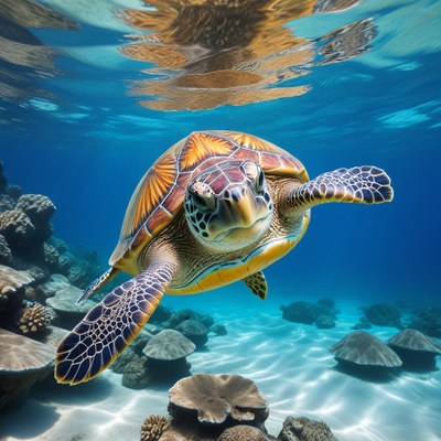Sea turtle swimming through coral reef