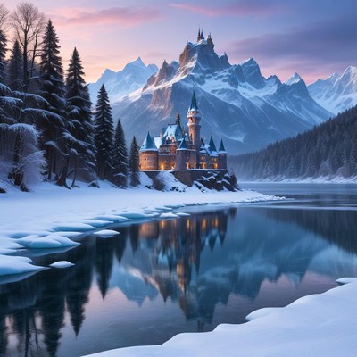 Majestic castle by snowy lake