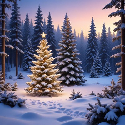 Winter forest scene with christmas tree