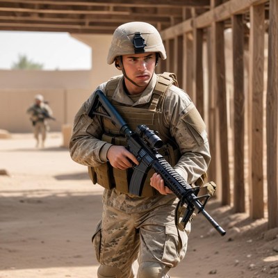 Soldier patrolling a dusty area