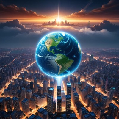 Glowing earth over city skyline