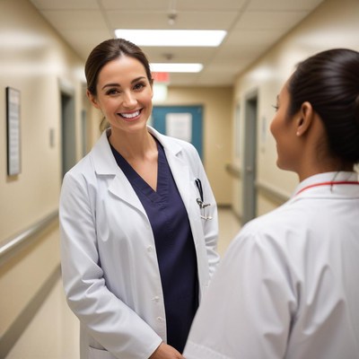 Two doctors in hospital corridor