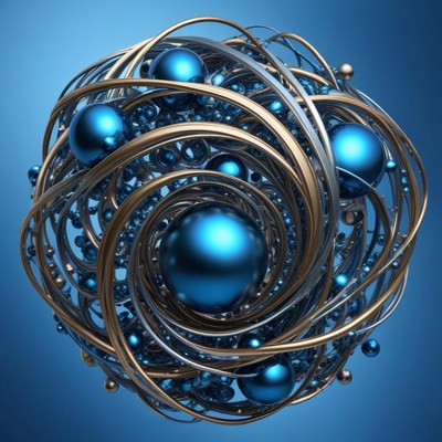 Blue metallic abstract structure with spheres