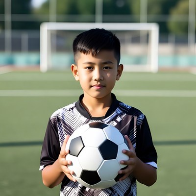 Young player holds soccer ball sincerely