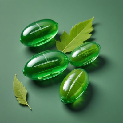 Green capsules and leaves on a table