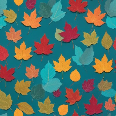 Colorful autumn leaves on teal background