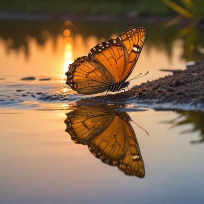 Butterfly at sunset by water