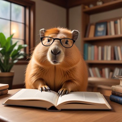 Capybara reading in a cozy library