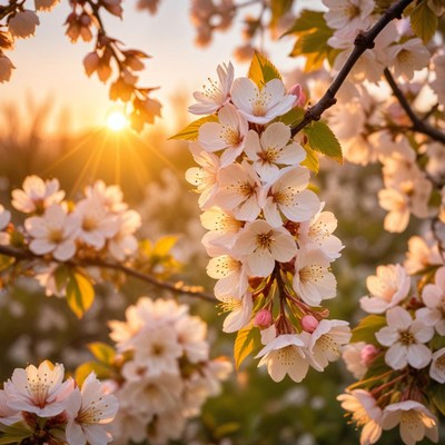 Cherry blossoms at sunset glow
