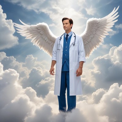 Doctor with angel wings in the sky