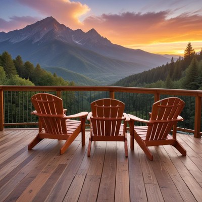 Sunset over mountain view from deck
