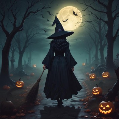 Dark witch walking under moonlight