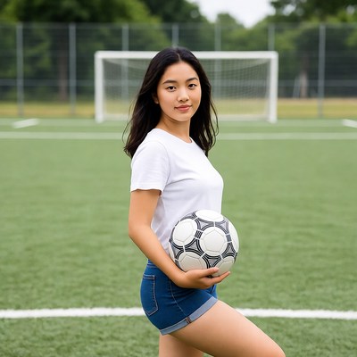 Young girl holding soccer ball on field