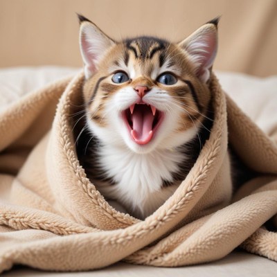 Happy kitten wrapped in blanket