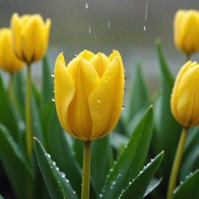 Yellow tulips blooming in spring rain