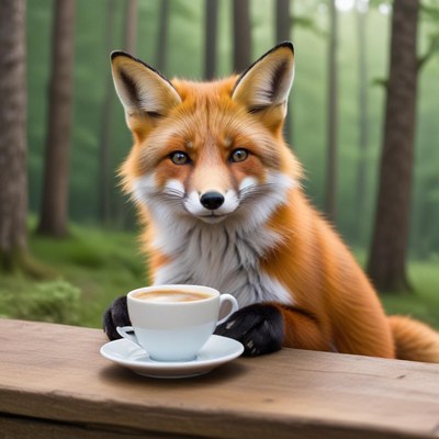 Fox enjoying coffee in the forest