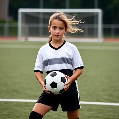 Young soccer player with ball at field