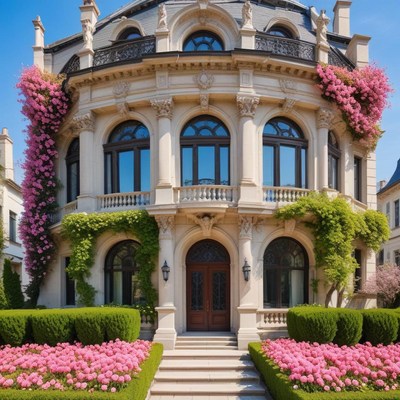 Blooming mansion in bright sunlight