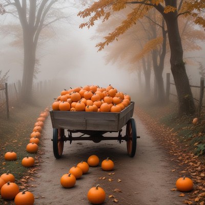 Pumpkins in autumn foggy landscape