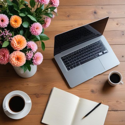 Cozy workspace with flowers and coffee