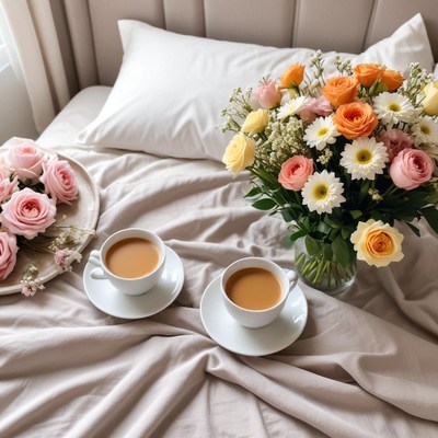 Cozy morning with flowers and coffee