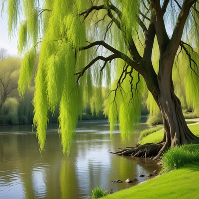 Willow tree by peaceful river