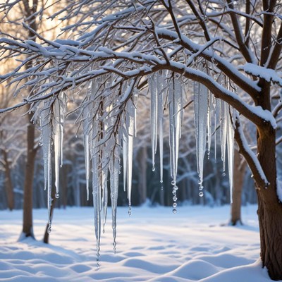 Icicles hanging from snow-covered branches
