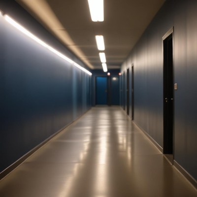 Long eerie hallway lit at night