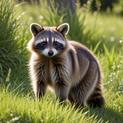 Raccoon exploring grassy field