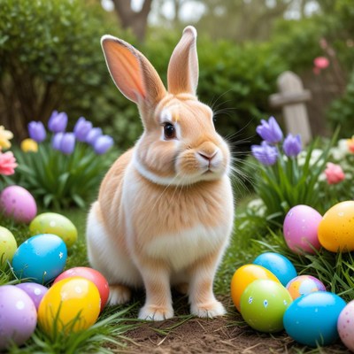 Colorful rabbit and easter eggs scene