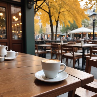 Coffee at outdoor cafe in autumn