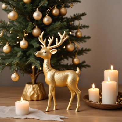 Golden reindeer by christmas tree