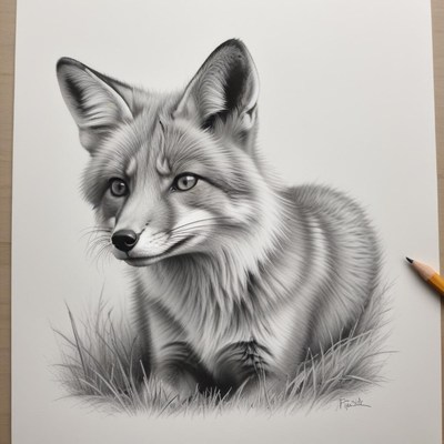 Realistic fox drawing in black and white