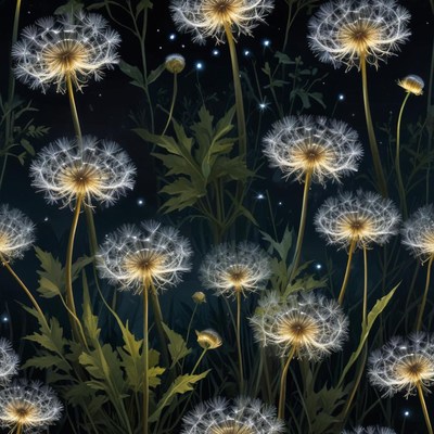 Dandelions shining under moonlight