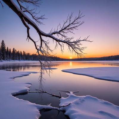 Winter sunset over icy river