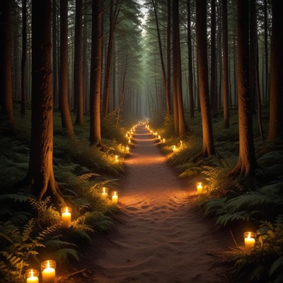 Candles illuminate forest trail at night