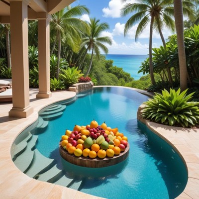 Tropical fruit display by pool