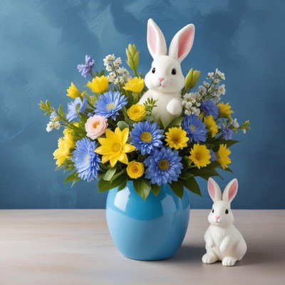 Colorful spring flowers with rabbit