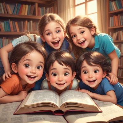 Joyful kids reading together in library