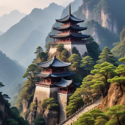 Beautiful mountain temple at sunrise