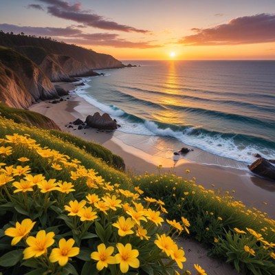 Vibrant sunset over coastal flowers