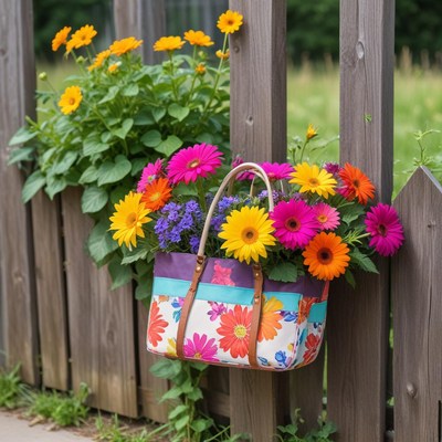 Colorful flowers in a basket by fence