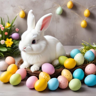 Easter bunny with colorful eggs
