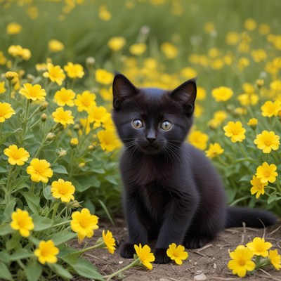 Black kitten among yellow flowers