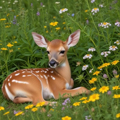 Fawn resting in a flower field