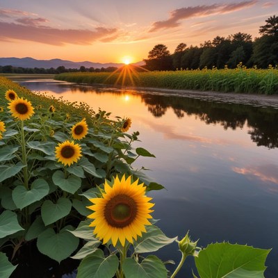Sunflowers at sunset by river